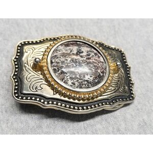 Vtg Made In USA Gold Tone Western Belt With Semi Precious Stone 2"x3" Fits 1.75"